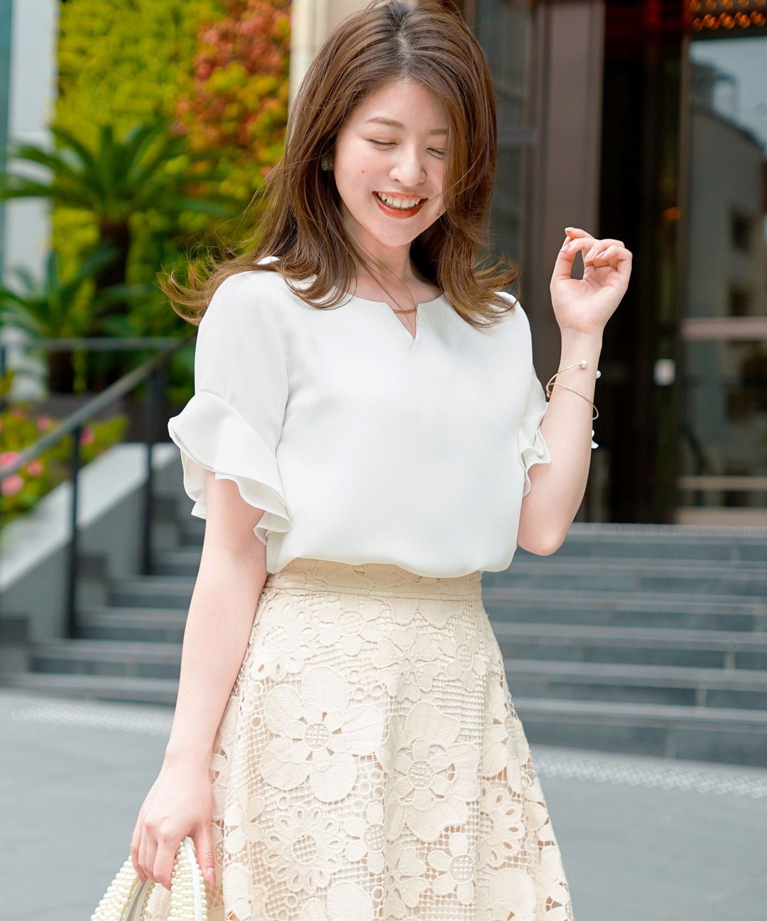 Blouse chiffon frills short sleeves with metal bar / FEERICHELU - 女装衬衫 - 棉 白色