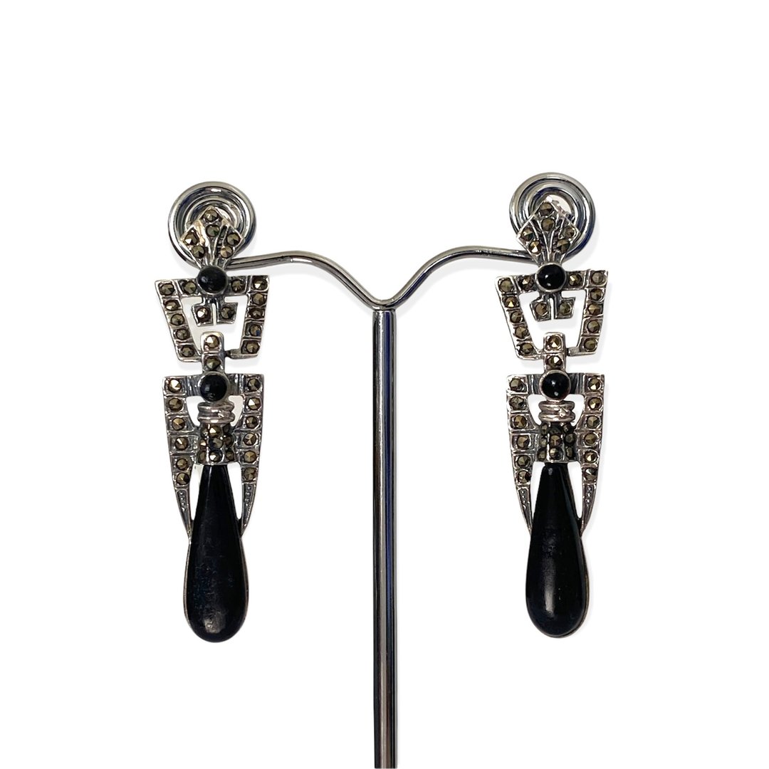 Art Deco Style Black Onyx with Marcasite Drop Earrings / Set 925 Sterling Silver - 耳环/耳夹 - 纯银 黑色