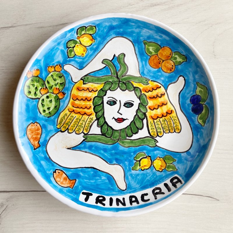 絵皿 20cm マヨリカ焼き トリナクリア  シチリア イタリア陶器　壁掛け - 盘子/餐盘/盘架 - 陶 蓝色