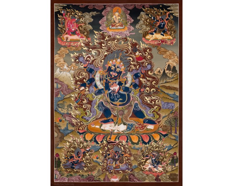 正宗六臂大黑天唐卡  法的守护者 - 墙贴/壁贴 - 24k 金 多色