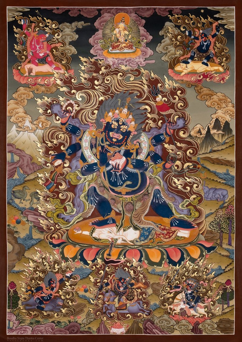 正宗六臂大黑天唐卡  法的守护者 - 墙贴/壁贴 - 24k 金 多色