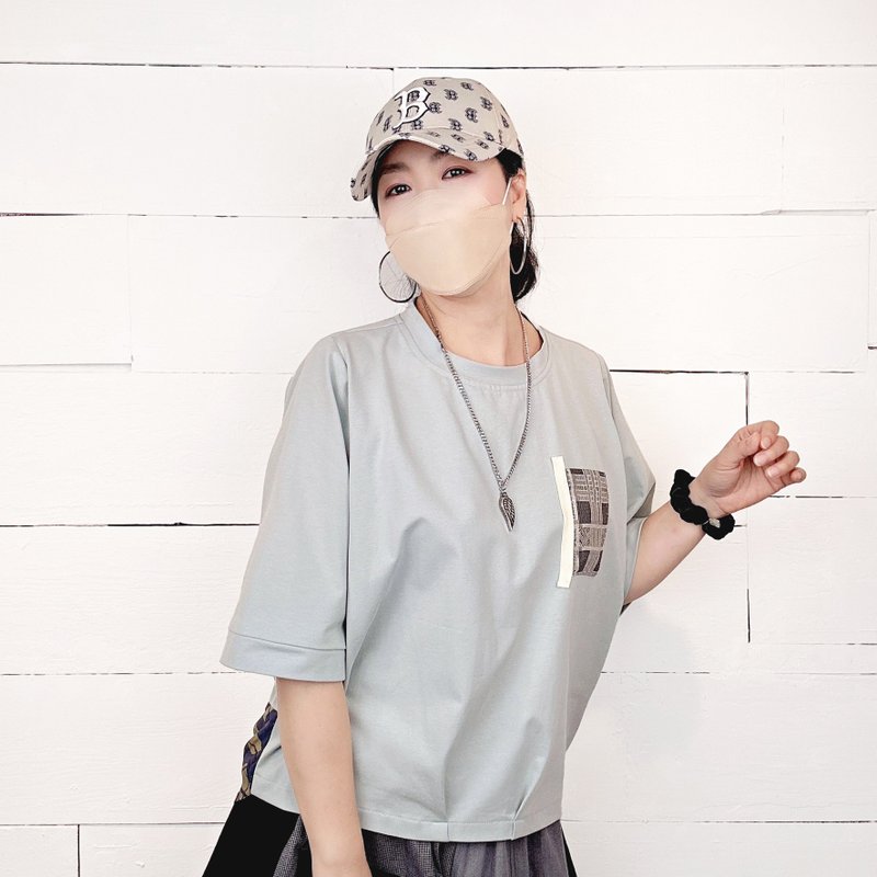 灰绿  - 下抓褶前短后长拼花布T #U1163 - 女装上衣 - 棉．麻 绿色