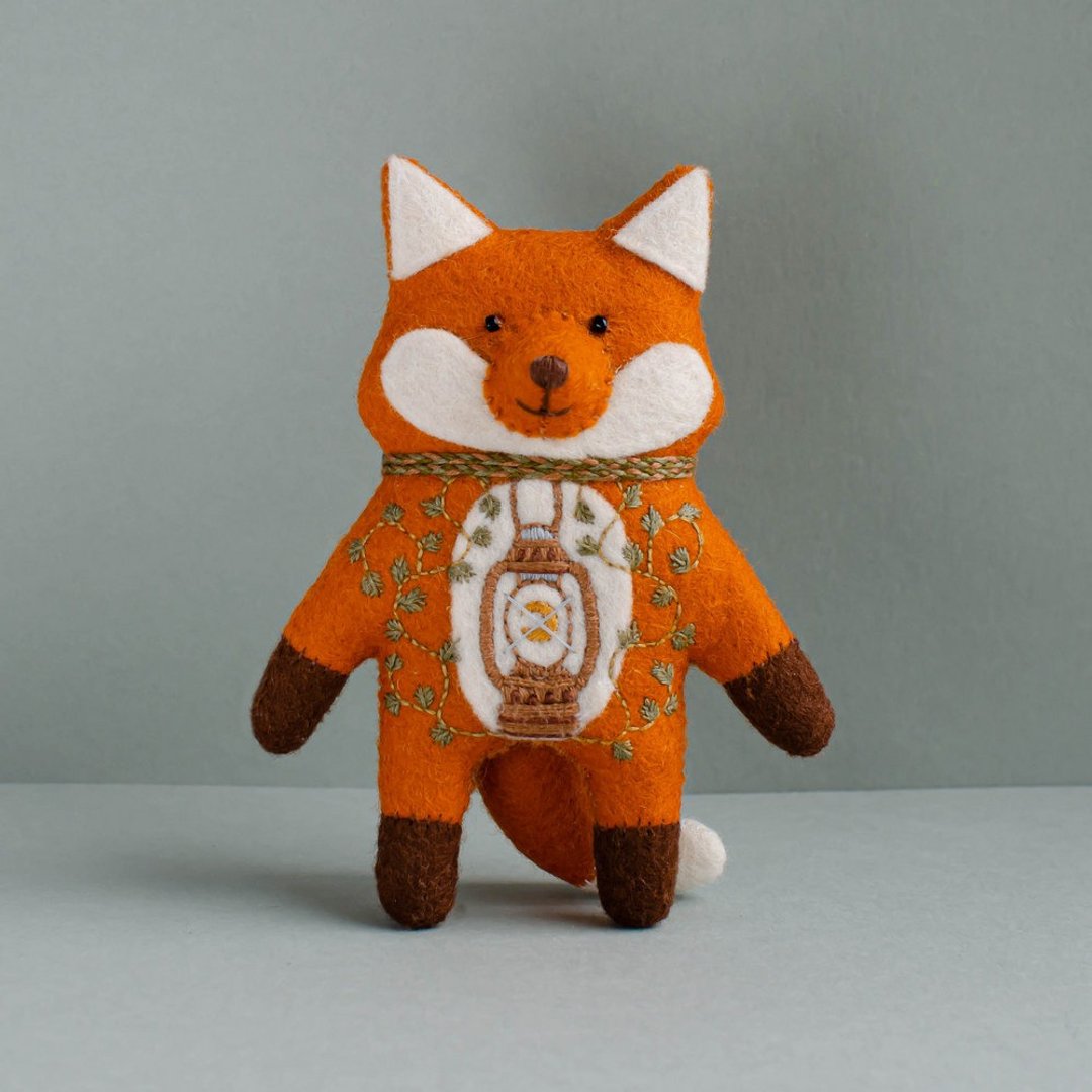 Fox plush stuffed animal cute embroidered toy. - 玩偶/公仔 - 羊毛 橘色