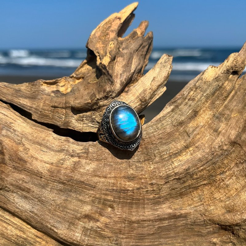 喜迎瑶 925银 拉长石 活口 戒指 民族风 波希米亚 嬉皮 男女 复古 - 戒指 - 水晶 银色