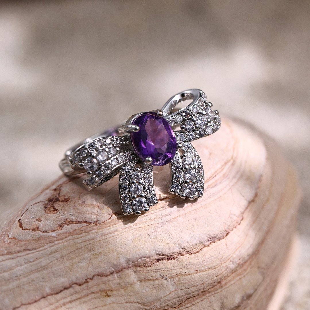 S925银镀层天然紫水晶大蝴蝶结戒指 6×8mm可调节 2月诞生石CB024 - 戒指 - 水晶 紫色