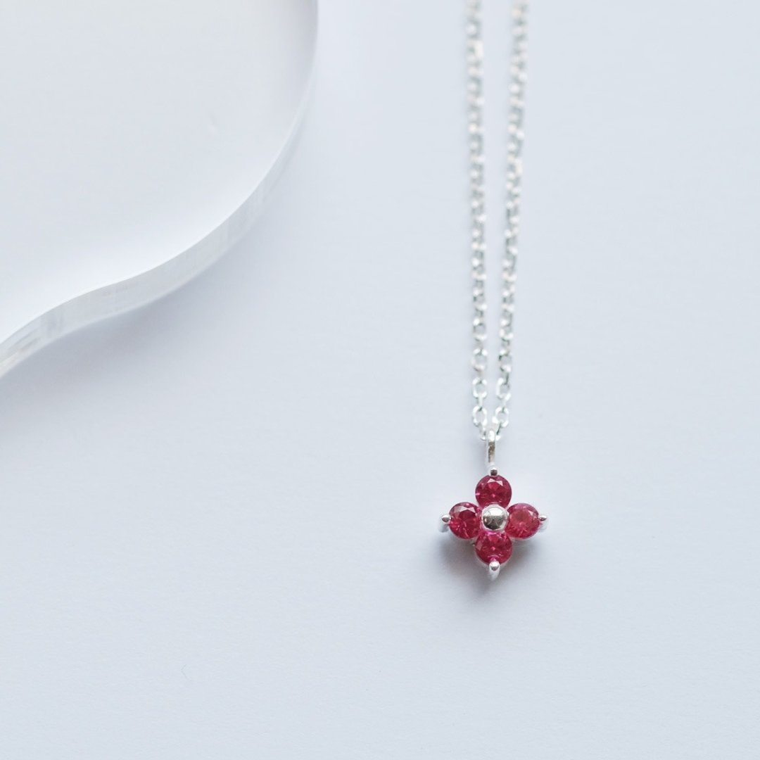 红宝石 花朵 项链 925银 - 项链 - 其他金属 红色