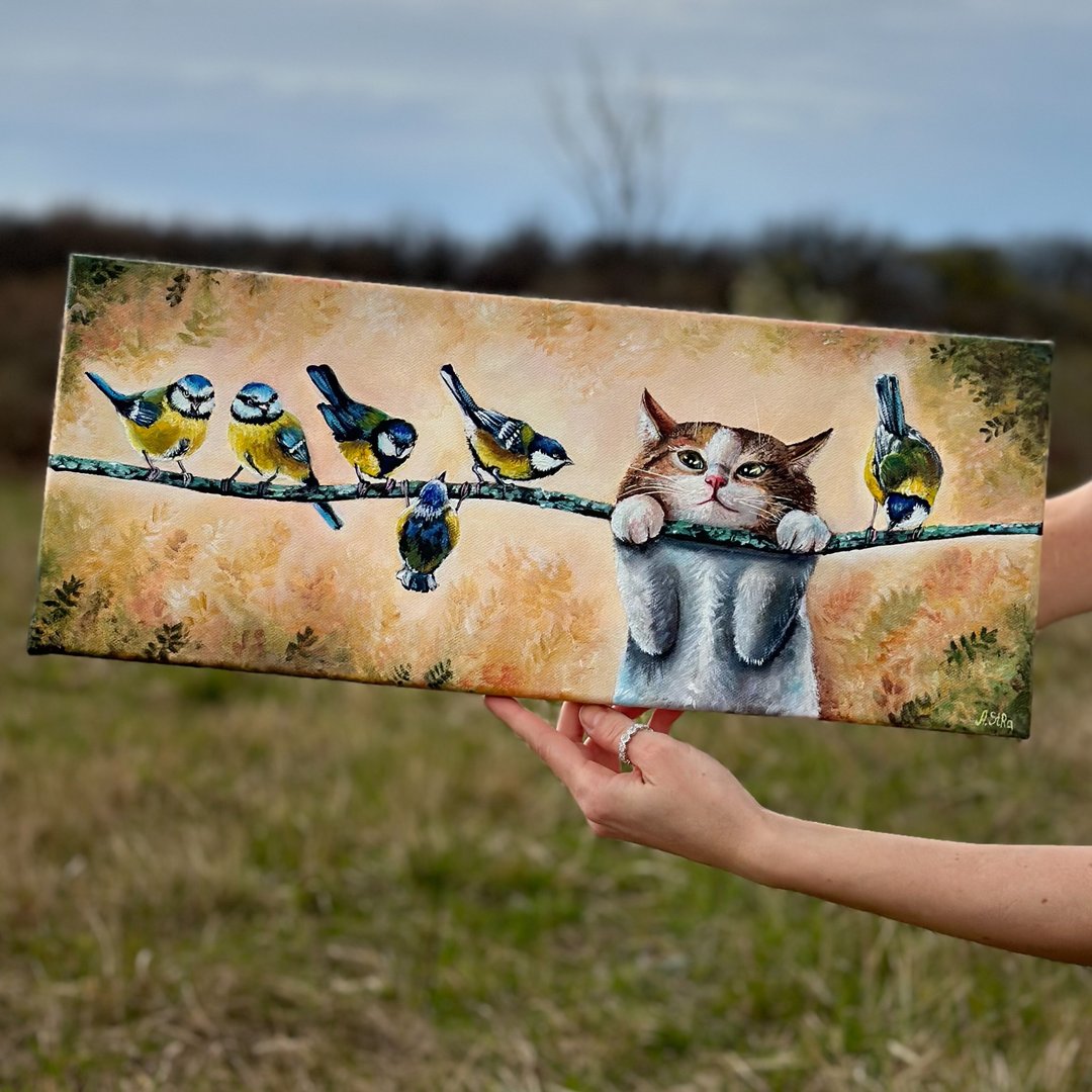 猫雀画布原画猫墙艺术可爱的动物育儿室艺术 - 墙贴/壁贴 - 棉 多色