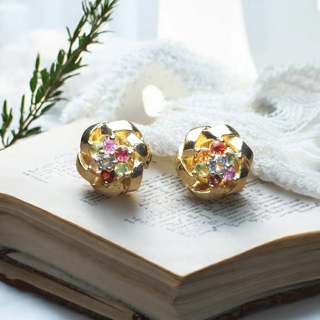 Multi-color gemstone earrings, Silver 925 in yellow gold plated - 耳环/耳夹 - 宝石 多色