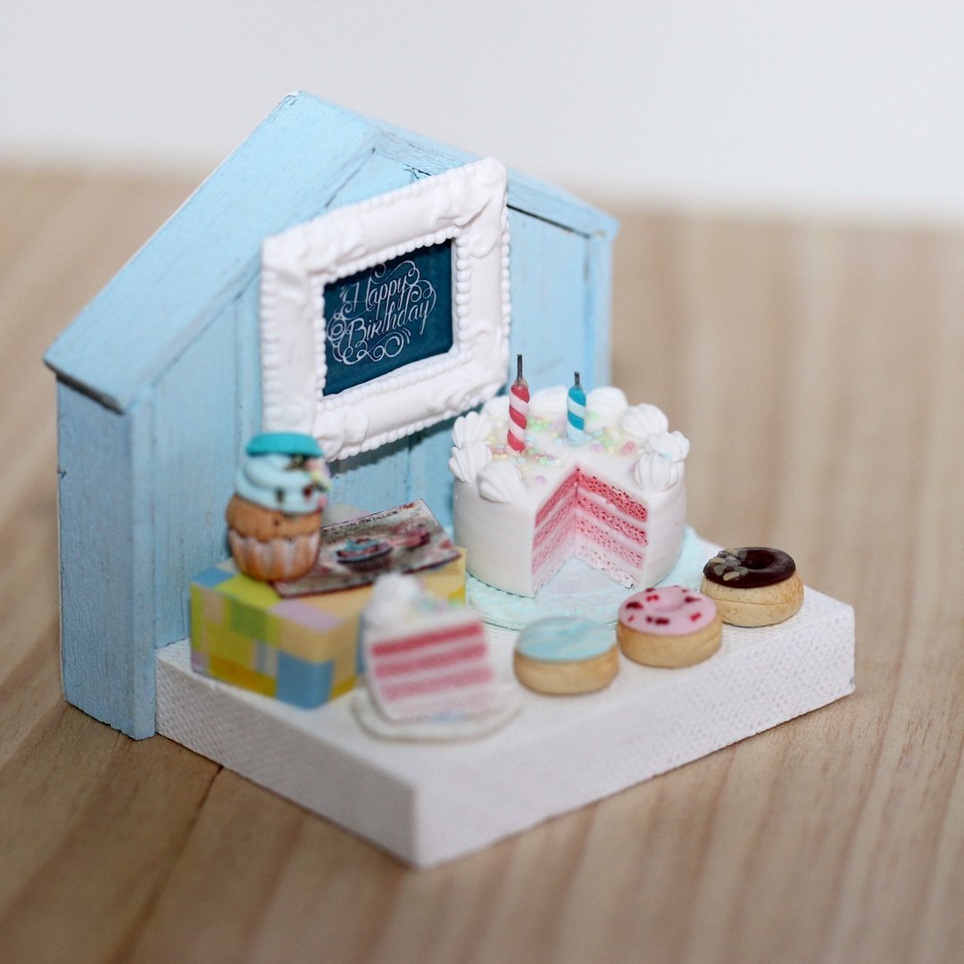 袖珍场景生日卡片 Miniature Happy Birthday Party - 卡片/明信片 - 粘土 蓝色