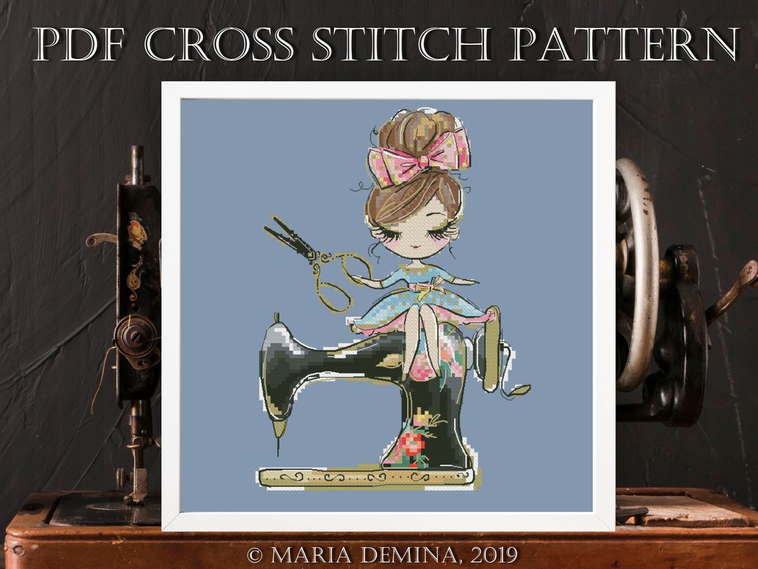 The Girl, Scissors and Sewing Machine PDF cross stitch pattern - 手工艺教程/工具书 - 其他材质 