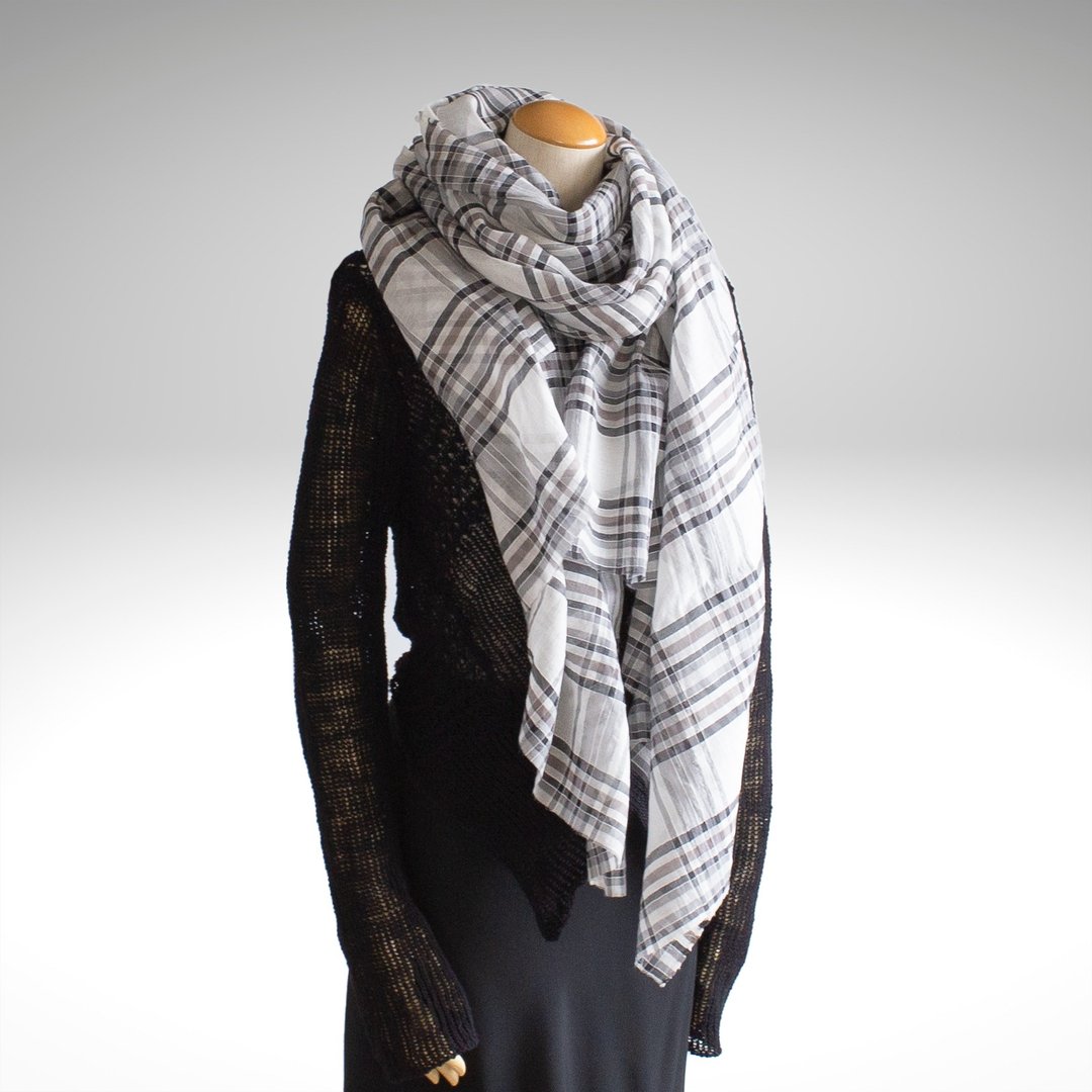 Cotton silk white gray check long stole SV03 - 丝巾 - 棉 黑色