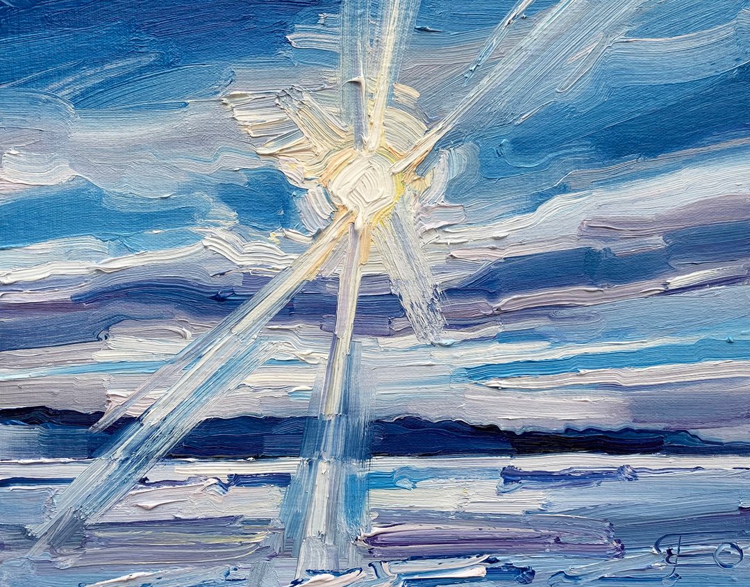 冰冻湖面上的太阳光线。画板上的原创油画。 20x20厘米 - 墙贴/壁贴 - 棉 蓝色