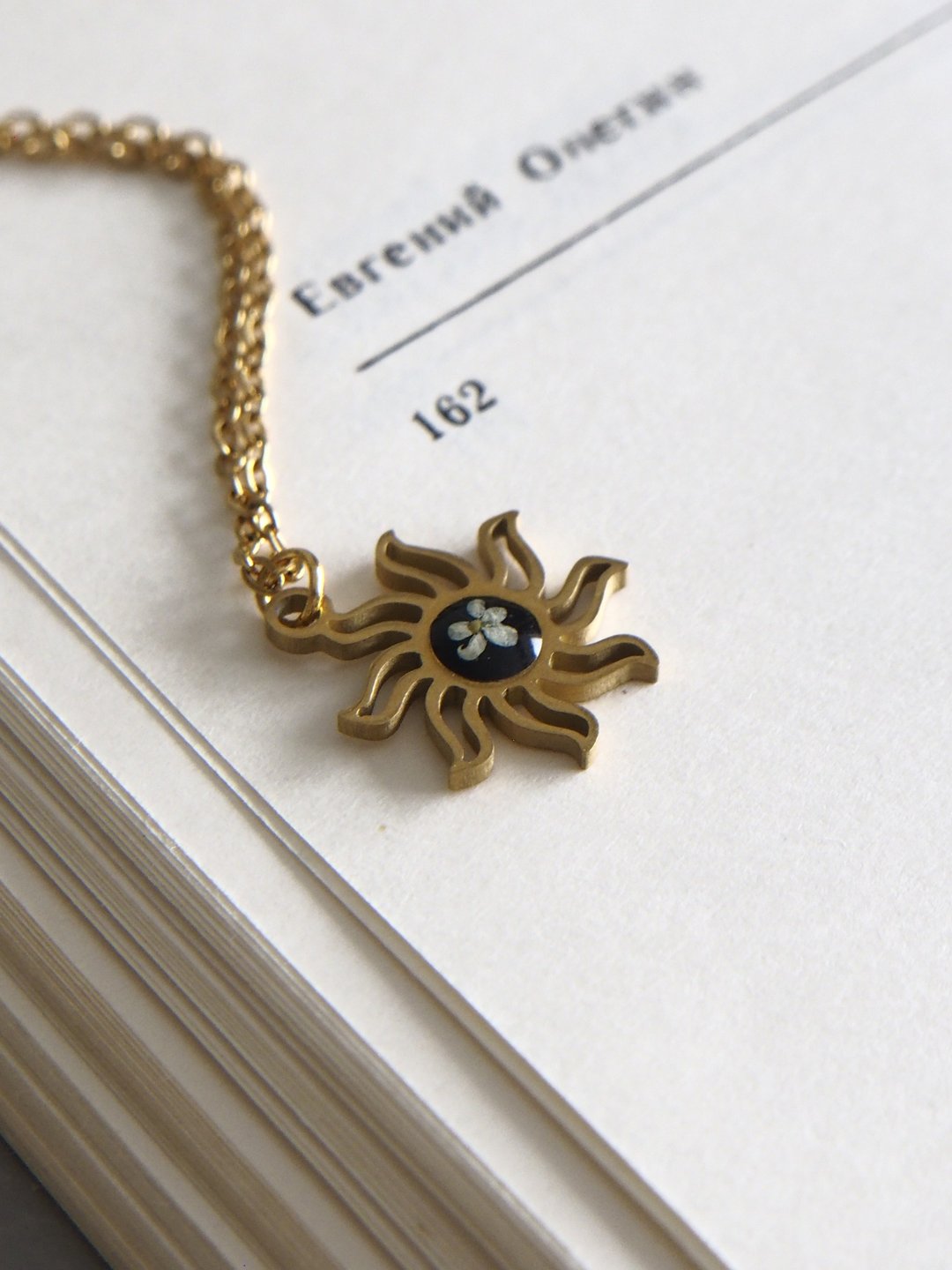 Sun necklace, Pressed flower steel necklace, Dry real flower necklace - 项链 - 植物．花 金色