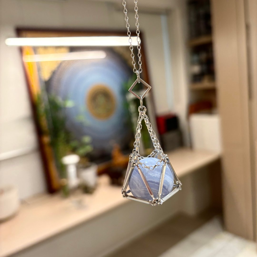 24mm 蓝纹玛瑙 水晶球 几何 项链 纯银 水晶颈链 喉轮 言语沟通 - 项链 - 其他金属 银色