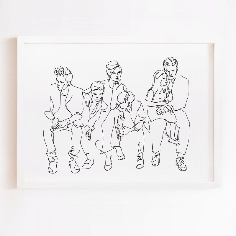全家福 时尚简约线条画 6人 宠物画 订制画 结婚周年 定制化礼物 - 订制画像 - 纸 白色