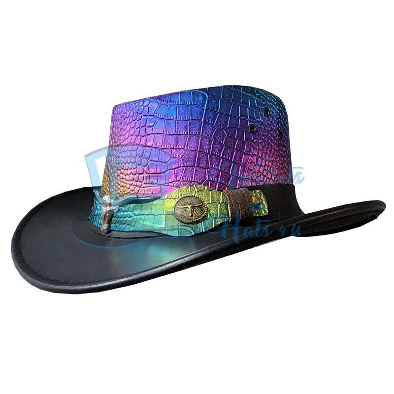 虹彩人造皮革帽 – 西部节庆造型宣言帽 - 帽子 - 真皮 黑色