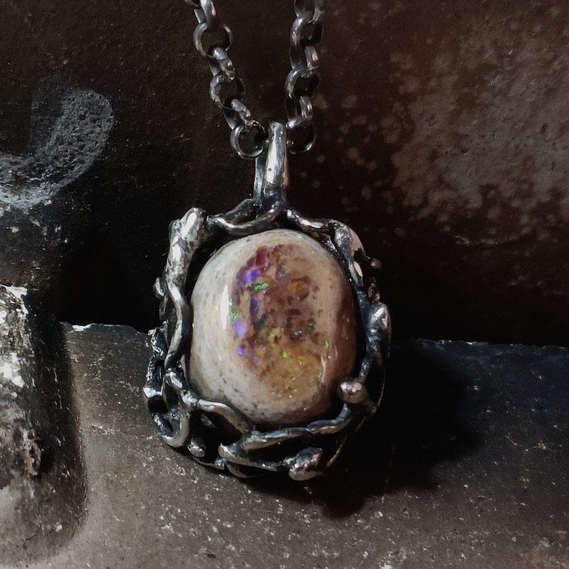 墨西哥砾背蛋白石银吊墬 - 项链 - 宝石 白色