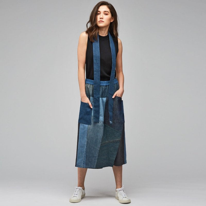 手工丹宁修身百褡口袋长裙 - 裙子 - 棉．麻 蓝色