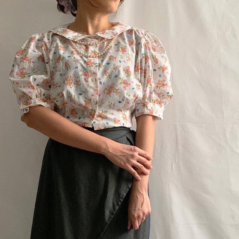 80年代 古着  意大利制造 乡村风 澎澎袖上衣 - 女装上衣 - 棉 白色