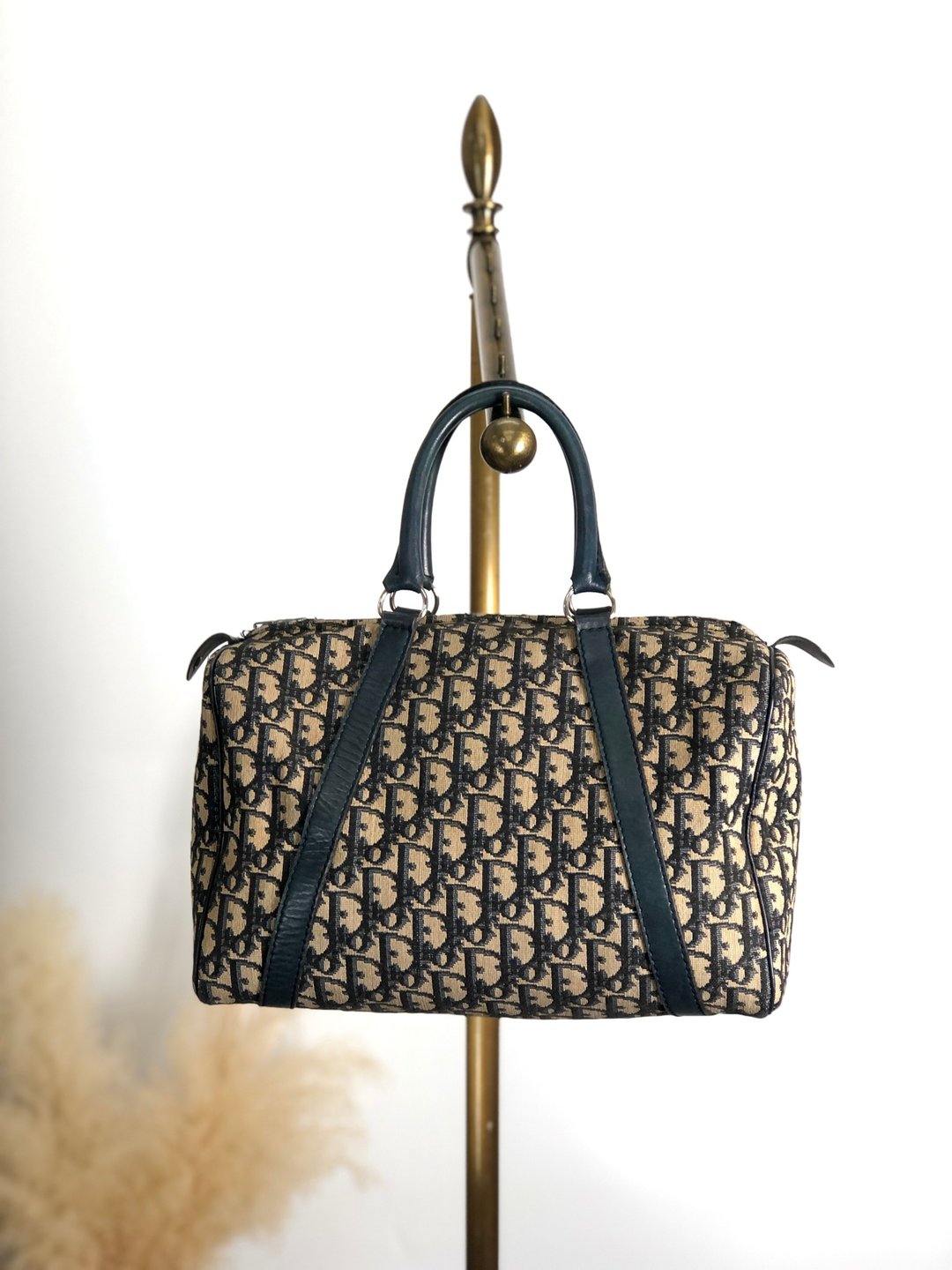 【 日本直送 名牌中古包 】Christian Dior 缇花皮革波士顿包 手提包 海军蓝 vintage dmrj3p - 手提包/手提袋 - 棉 蓝色