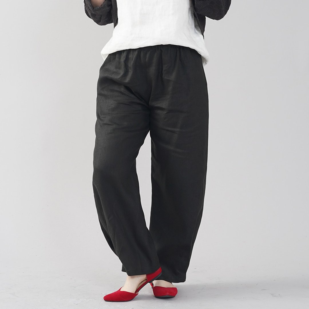 wafu - 純亞麻褲子 Midweight Linen Ball Pants / Black b013g-bck2 - 女装长裤 - 亚麻 黑色