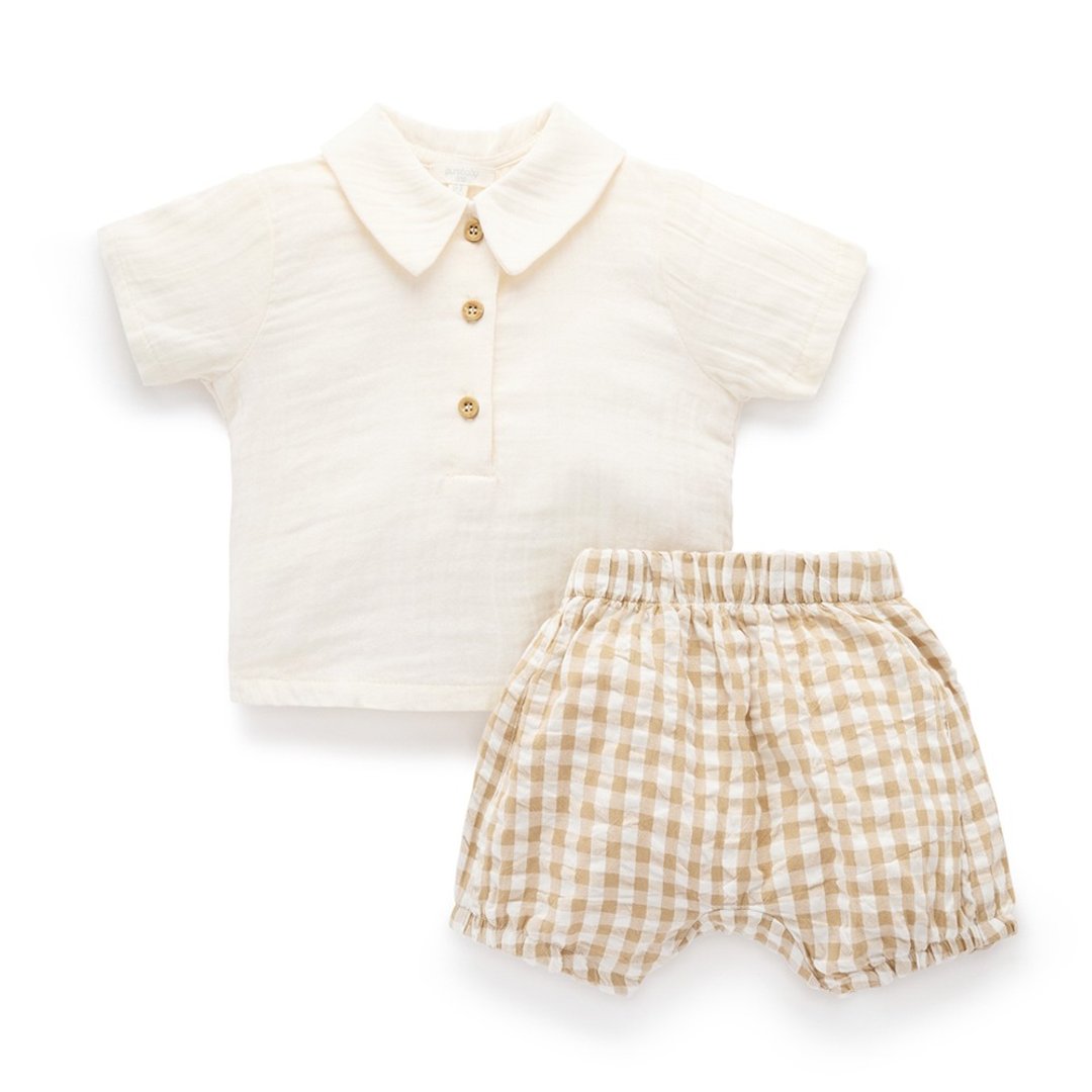 澳洲 Purebaby 有机棉婴童短上衣裤套装 6M-2T 棕色格子 - 童装上衣 - 棉 