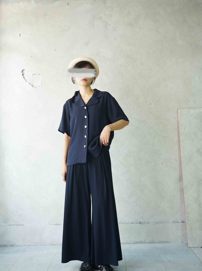 寻宝古着-文艺深夜蓝开襟垂坠感复古金扣衬衫 - 女装衬衫 - 聚酯纤维 蓝色