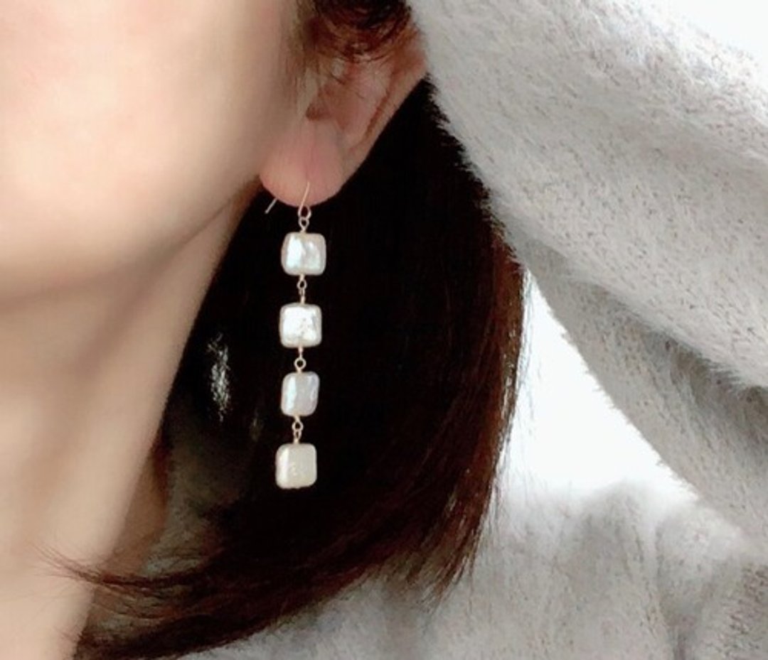 Cherry-colored Lake Biwa freshwater pearls Can be changed to square-shaped pearl pierced Clip-On - 耳环/耳夹 - 珍珠 粉红色
