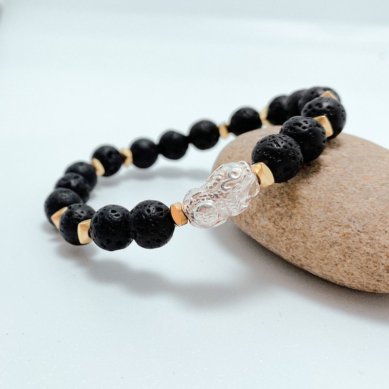 火耀貔貅(小) 貔貅 火山岩 矿石 招豺 好运 特殊 蜡线 能量 情侣 - 手链/手环 - 纯银 