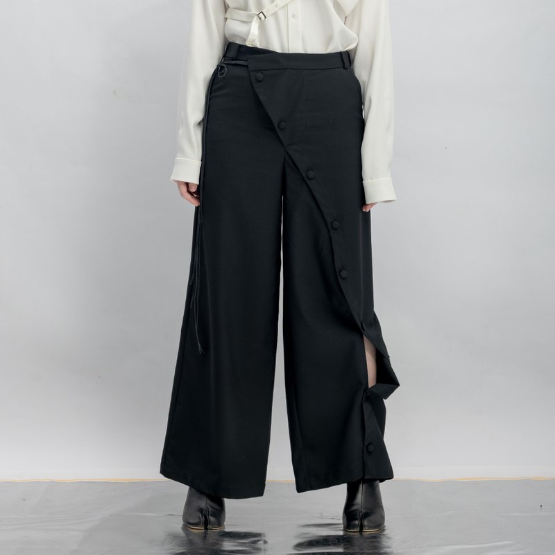 INF 不对称单腿开岔绑带印花宽裤 / 黑 - 男士长裤 - 聚酯纤维 黑色