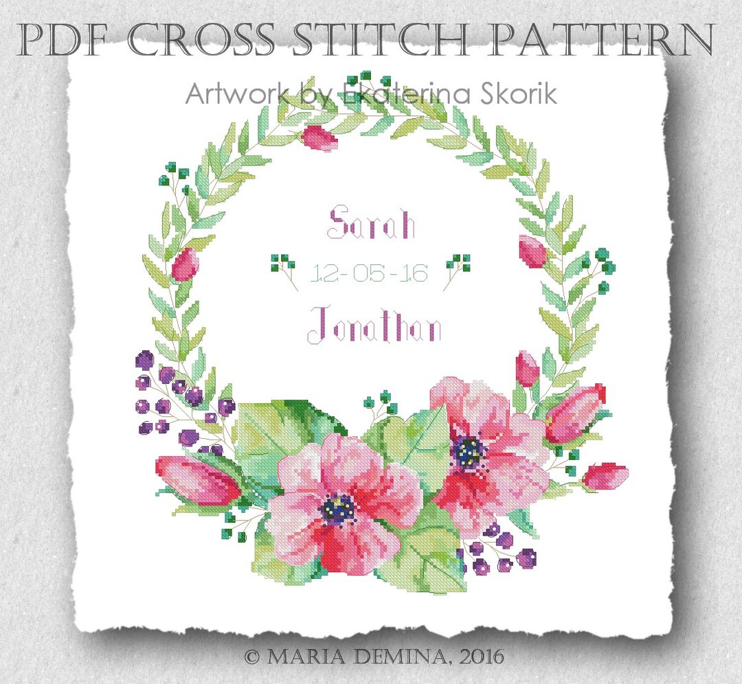 Watercolor Flower Wreath PDF cross stitch pattern - 手工艺教程/工具书 - 其他材质 
