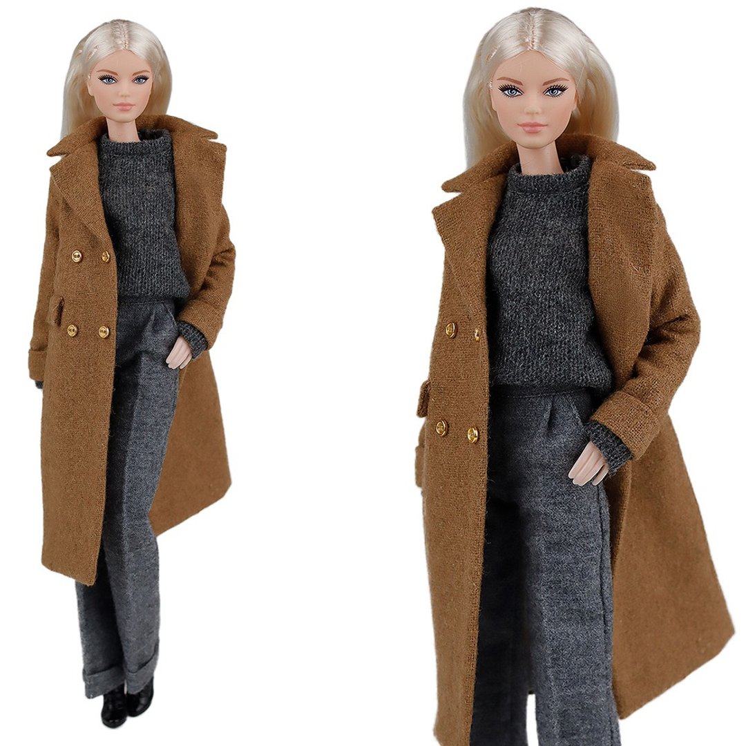 ELENPRIV Brown coat + pants + pullover outfit for Barbie MTM doll 30cm 11 1/2 in - 玩具/玩偶 - 聚酯纤维 咖啡色