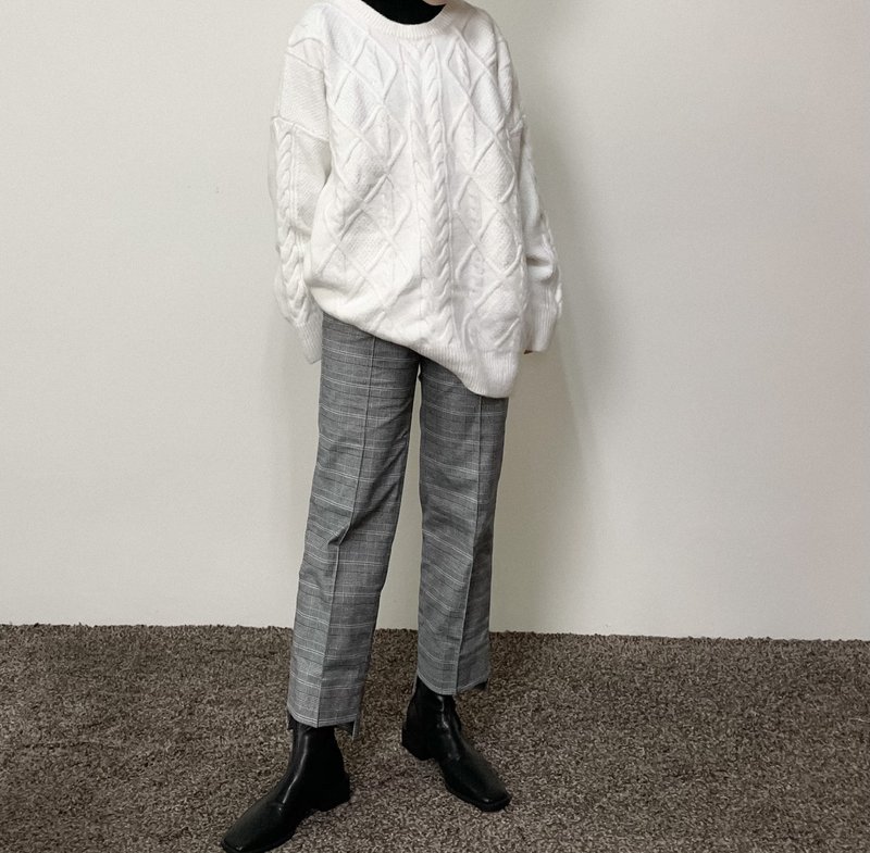 弹性格纹直筒裤 - 女装长裤 - 其他材质 