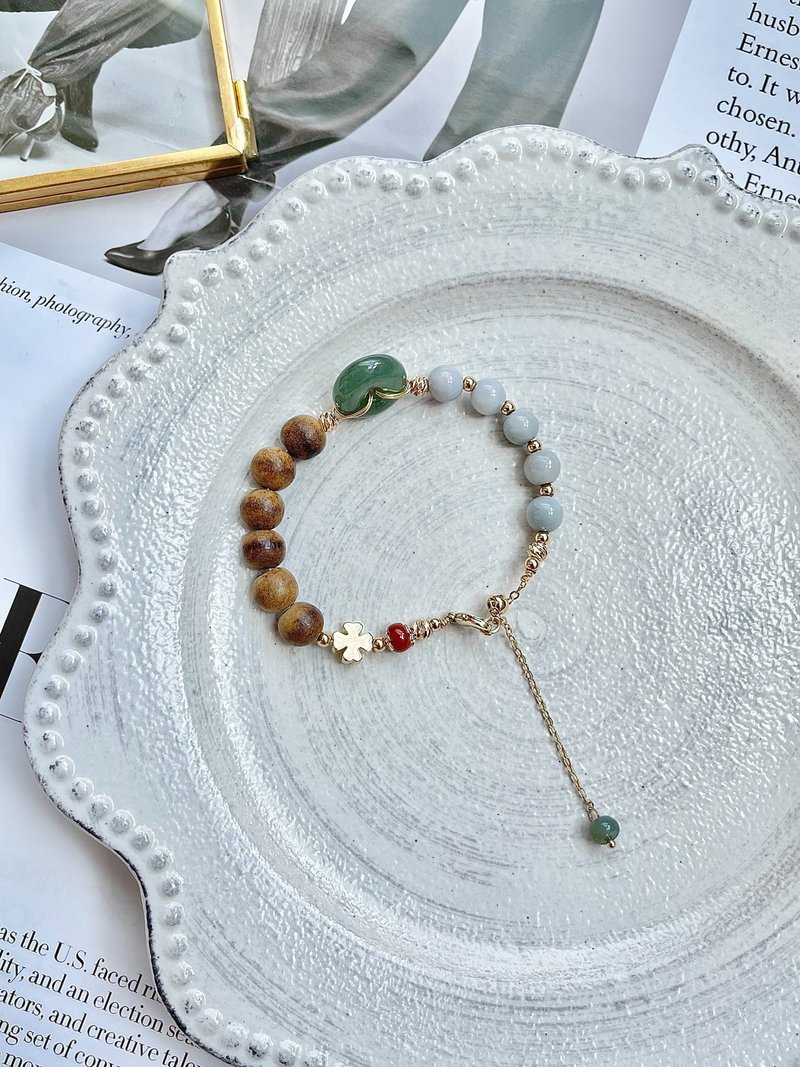 缅甸玉A货翡翠-冰老蓝水平安扣配紫罗兰玉珠翡翠14k包金手链 沉香 - 手链/手环 - 玉石 紫色