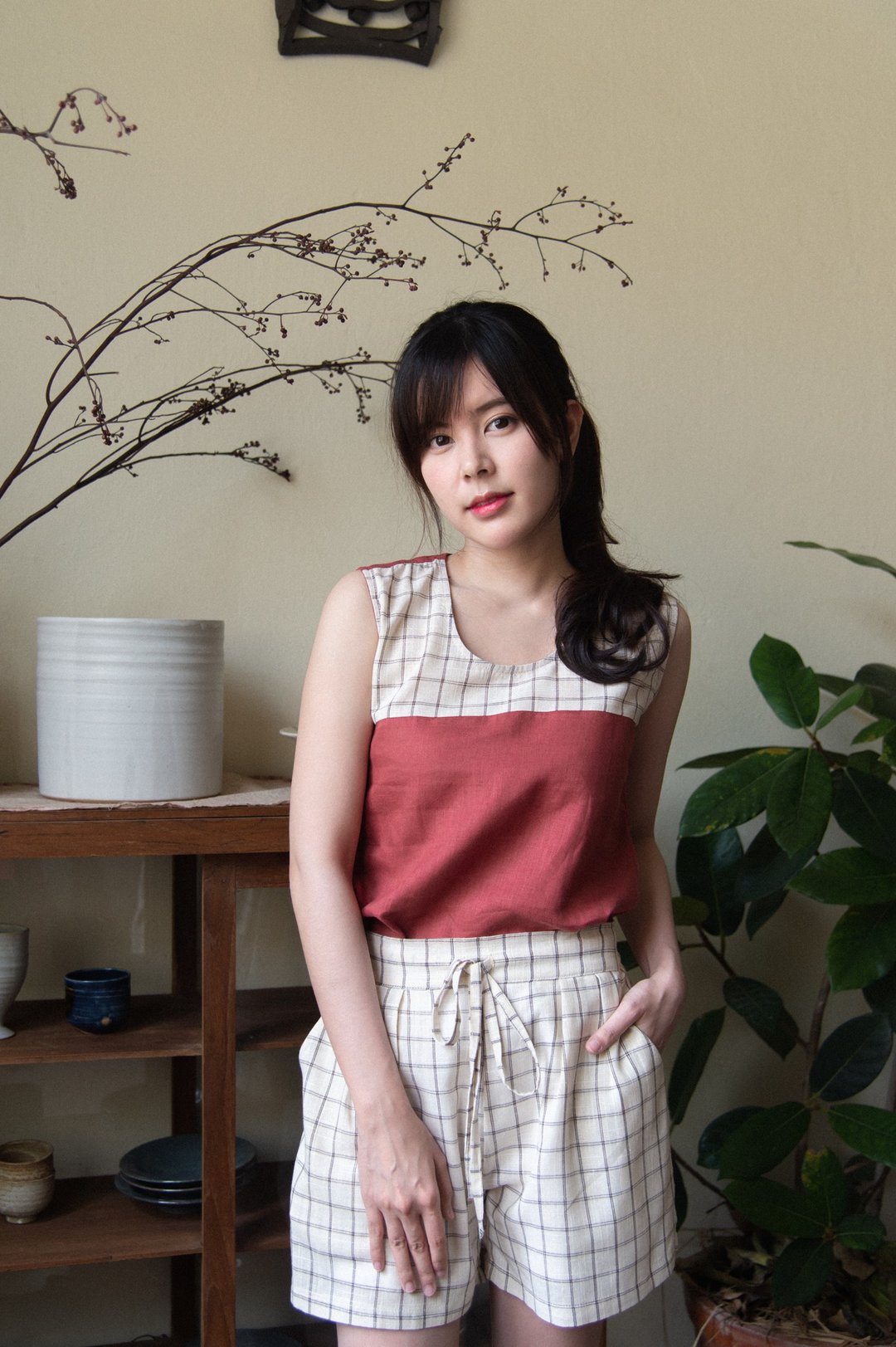 LINEN TANK TOP - Red/Brown plaid - 女装上衣 - 棉 卡其色