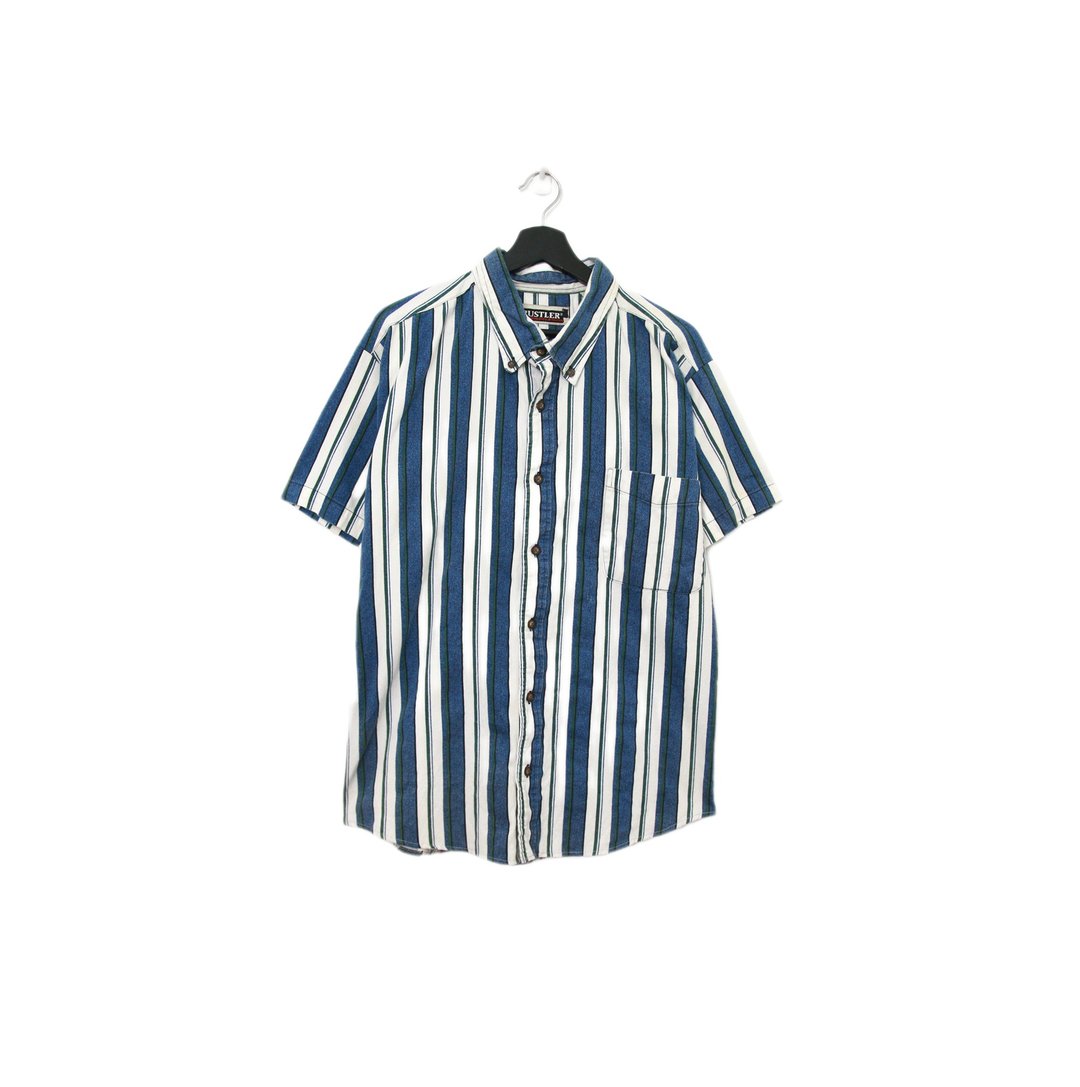 Back to Green-条纹短袖衬衫 青蓝白 线条 TS-02/vintage shirt - 男装衬衫 - 棉．麻 