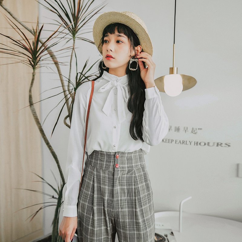 初春女士穿搭文艺纯色珍珠扣衬衫上衣 YTQ8515 - 女装衬衫 - 其他材质 白色