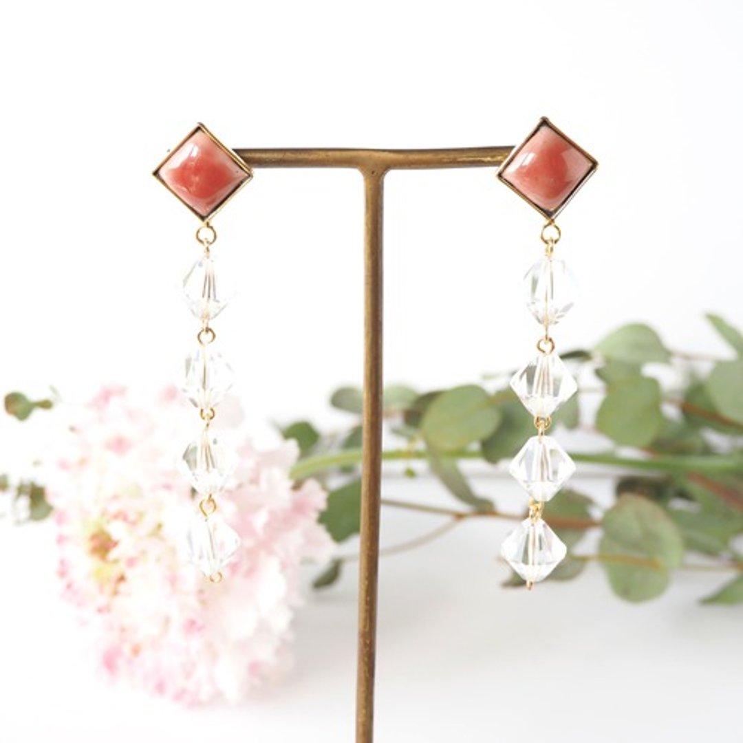 Cloisonne quadruple swallow ◇ Earrings / Clip-On ~ Pink ~ - 耳环/耳夹 - 玻璃 