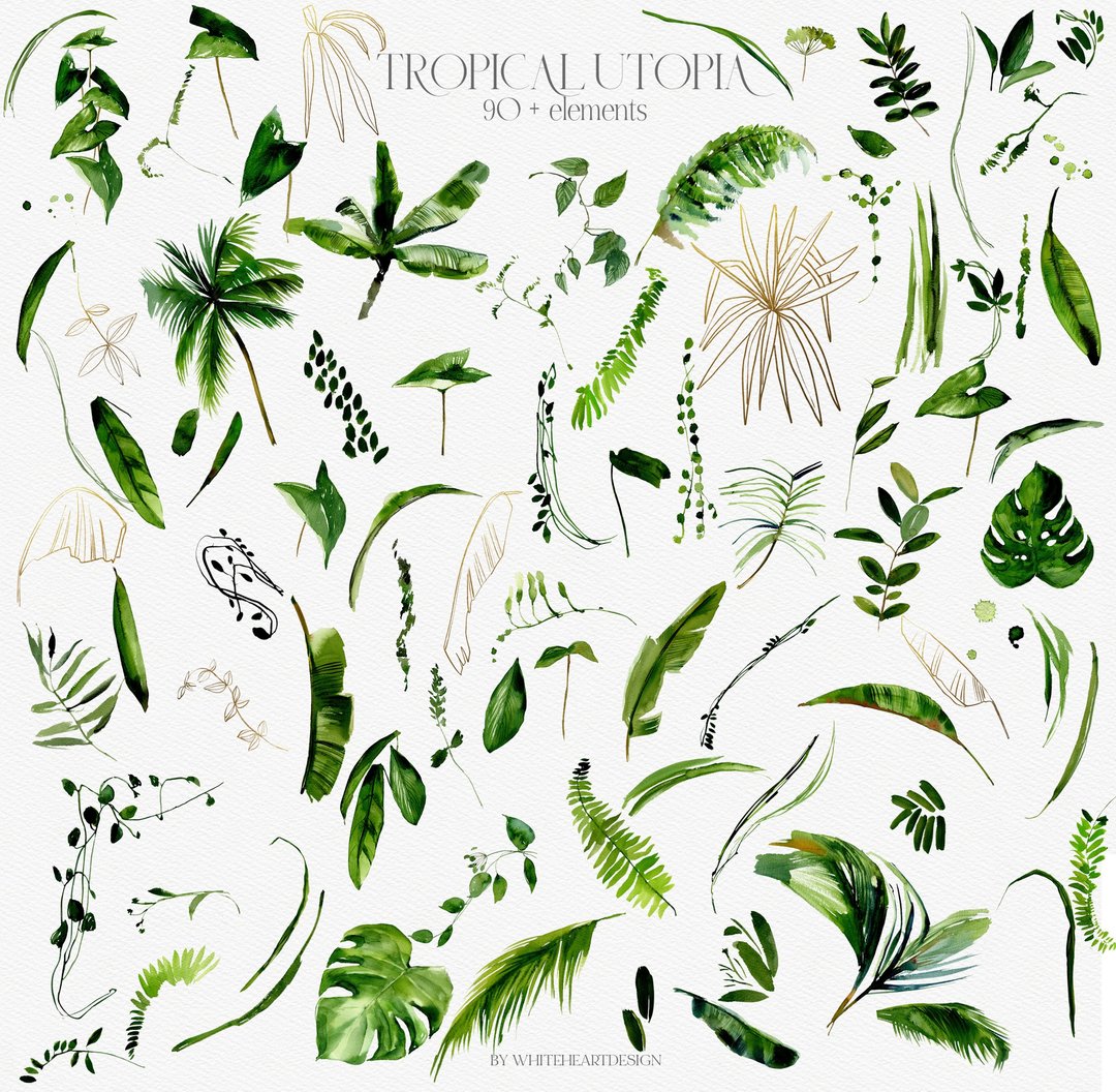 Tropic  Greenery Watercolor Floral Clipart Green Tropical Leaves Elements - 插画/绘画/写字 - 其他金属 