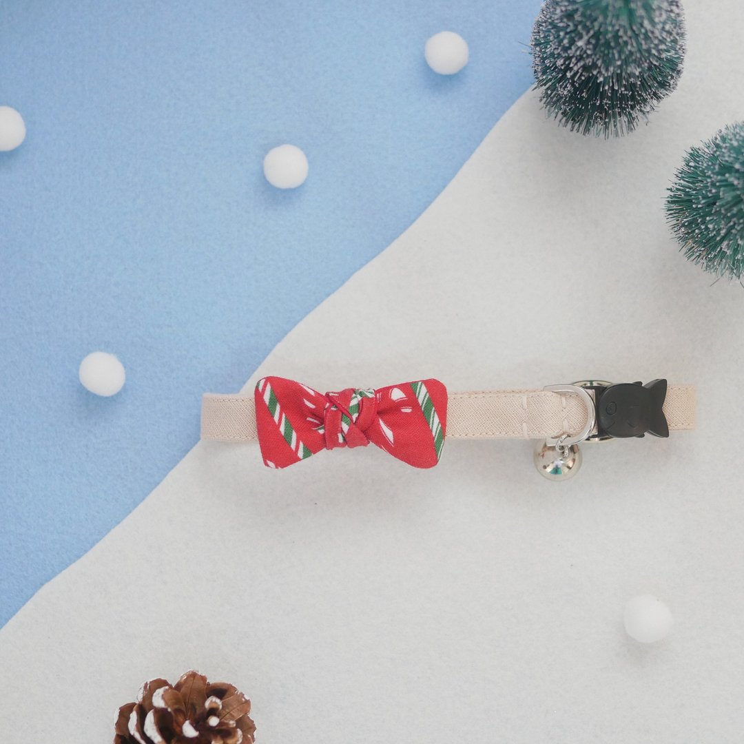 Candy Bow X'mas series Breakaway Cat collar | Red Candy Cane - 项圈/牵绳 - 棉 