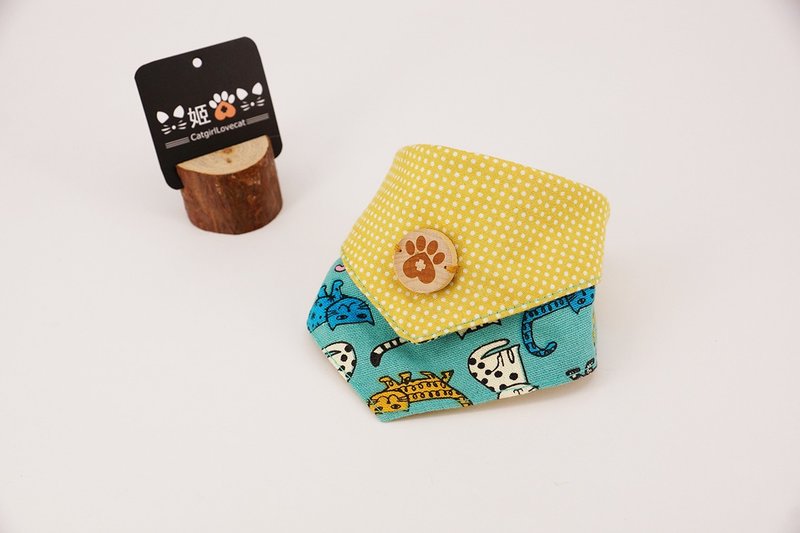 主子卖萌-猫咪撞点点系列-双面领巾(水蓝猫咪印花+鹅黄白点) - 衣/帽 - 棉．麻 