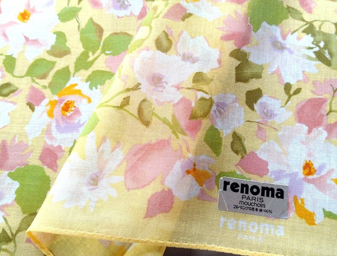 renoma Paris mouchoirs Vintage Pocket Square Handkerchief 18 x 18 inches - 手帕/方巾 - 棉 黄色