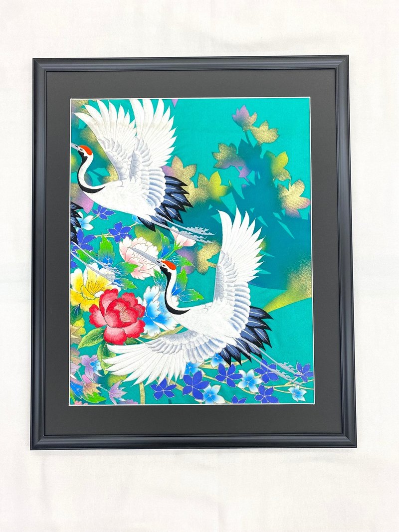 由彩色打挂复古刺绣和服制成的艺术面板和风室内装饰礼物鹤结婚礼物乔迁礼物长寿礼物幸运符框架室内装饰 58 - 墙贴/壁贴 - 丝．绢 绿色