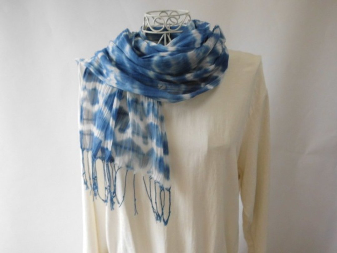Indigo dyeing · Waving wave · Tie dye · Cotton · Long stall - 丝巾 - 棉 蓝色