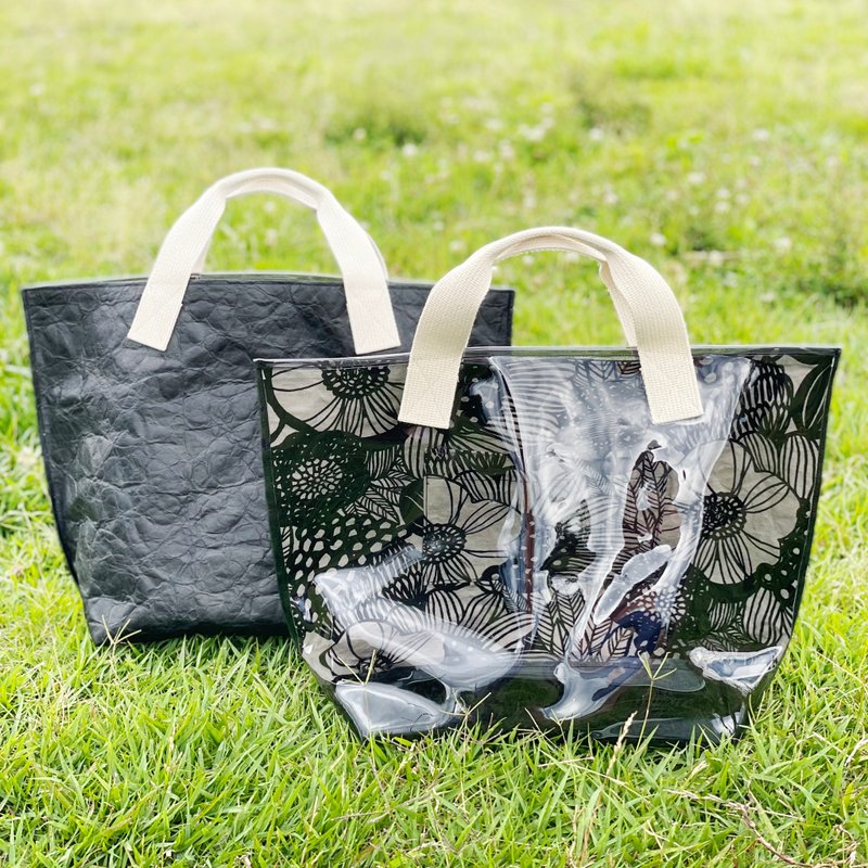PVC 透明薄膜 & Tyvek / 不对称托特包 黑色×植物图案 ×(PVC)黑色 - 手提包/手提袋 - 防水材质 黑色