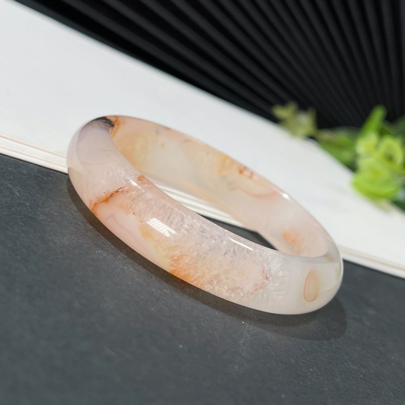 天然浅橘粉樱花玛瑙手镯54MM冰玉髓飘成型花爆晶手环浪漫清新优雅 - 手链/手环 - 半宝石 