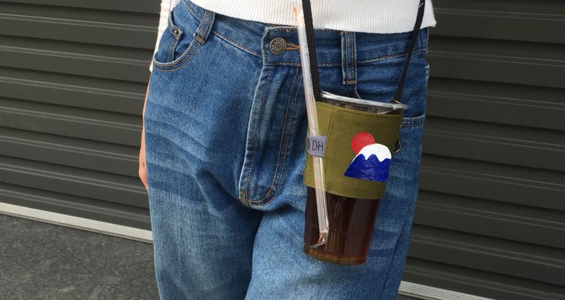 日本太阳富士山  - 帆布环保饮料提袋 杯套长背袋款 - 随行杯提袋/水壶袋 - 棉．麻 多色