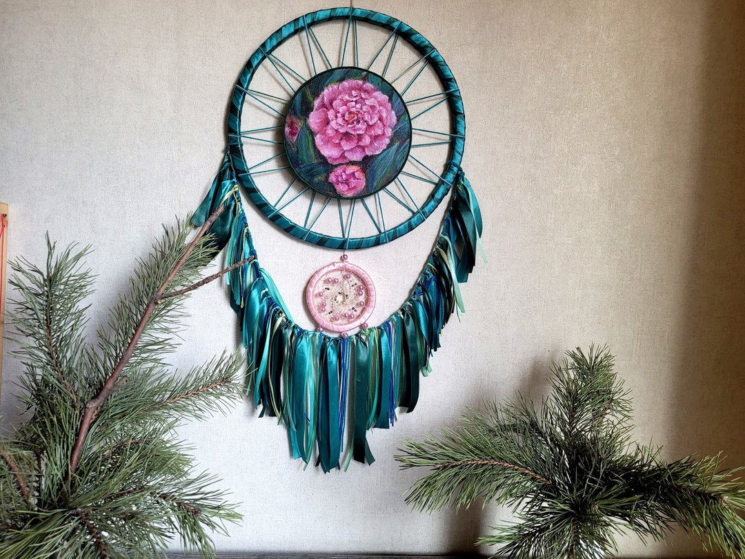 Pink peony dream catcher ,  boho wall decor Christmas Gift Wrapping - 墙贴/壁贴 - 其他材质 粉红色