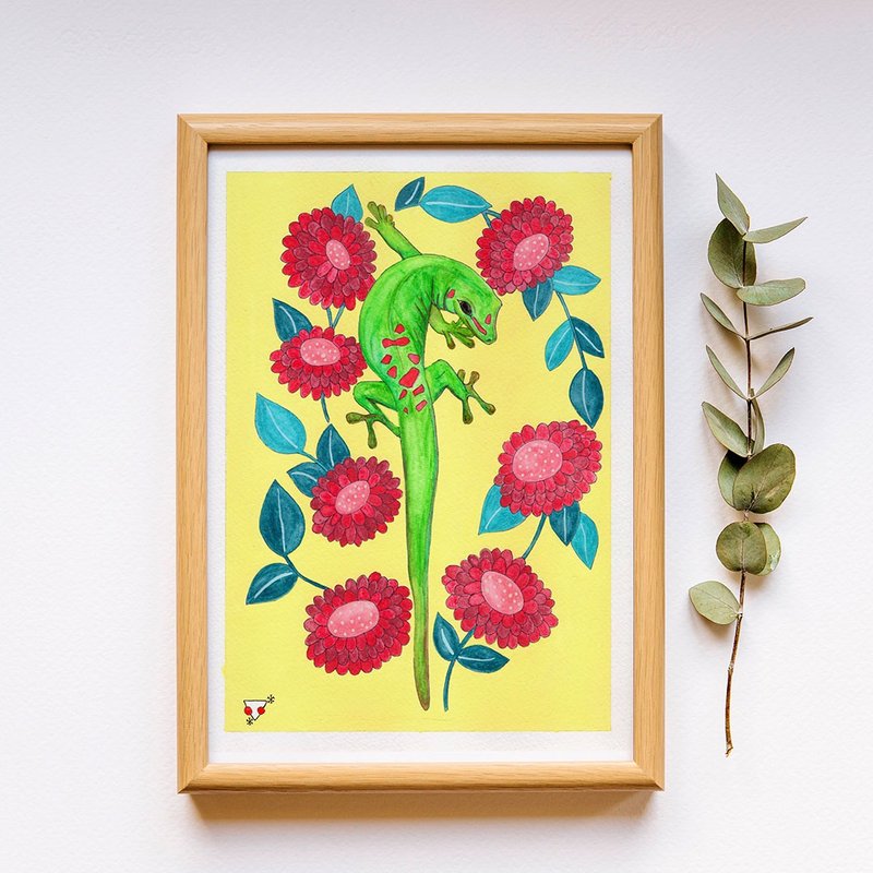 Original Painting // Green Gecko and Flowers - 海报/装饰画/版画 - 纸 绿色