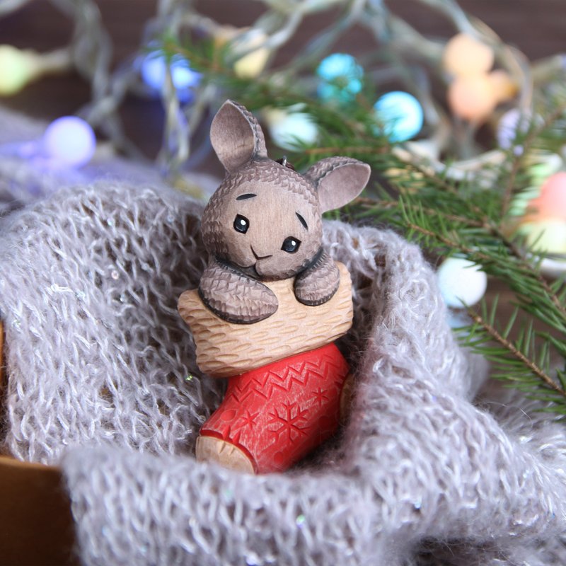 Wooden bunny ornament Wood carving Christmas tree toys New Year gift Wood art - 墙贴/壁贴 - 木头 多色